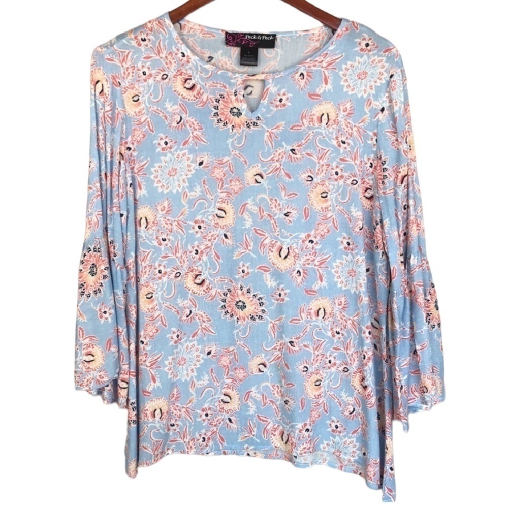 Peck & Peck Floral Print Bell Sleeve Blouse Blue Coral Rayon Boho Top S - Picture 1 of 8